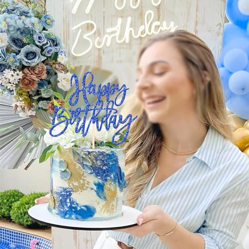 1 PCS Glitter Happy Birthday Cake Topper for Celebrating Anniversary Theme Party Cake Decorations Supplies Dark Blue