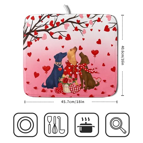 Love Dog Dish Drying Mat 16"x18" Red Heart Microfiber Dish Drainer Mat Hanging Loop Absorbent Fast Dry Pad Kitchen Counter Bar Accessories