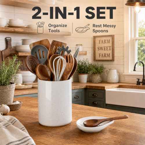 Ceramic Utensil Holder with Spoon Rest for Kitchen Counter