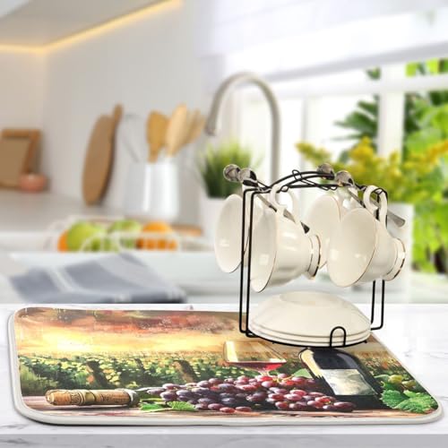 Grapes Wine Glass Bottle Dish Drying Mat for Kitchen Counter Absorbent Microfiber Drying Pad