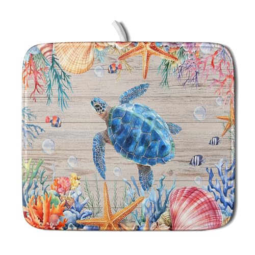 Sea Turtle Dish Drying Mat 16x18 inch Tropical Ocean Fast Dry Absorbent Microfiber Dishes Drainer Rack Pad for Countertop Bar Table Decor