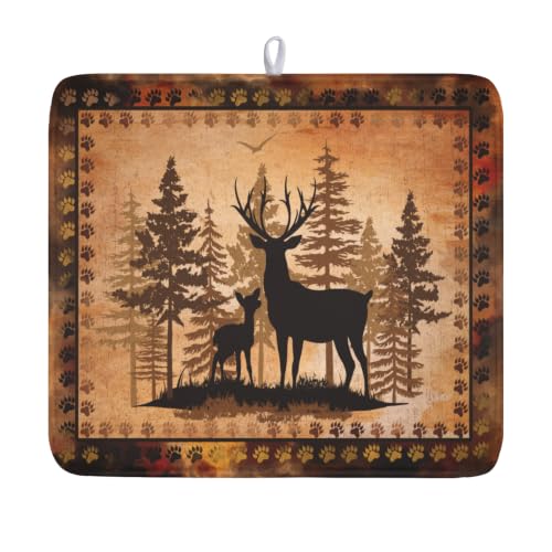 Forest Deer Dish Drying Mat Wildlife Animal Dishes Pad 16"x18" Microfiber Absorbent Fast Dry Drainer Rack Mats for Kitchen Countertop Decor