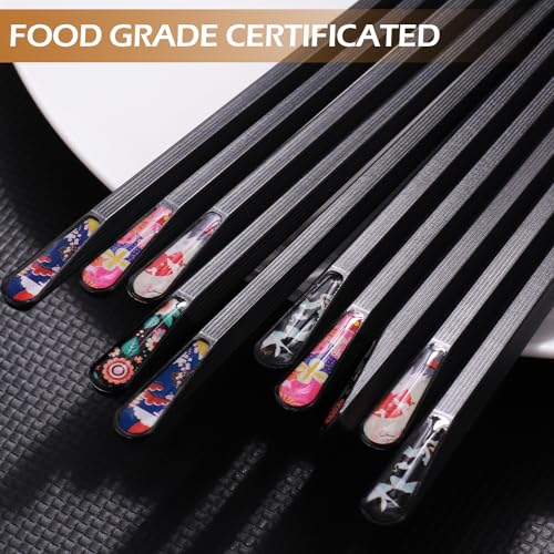 5 Pairs Premium Chopsticks Reusable Dishwasher Safe 9.5 Inch Fiberglass Chop Sticks Gift Set Hexagon Black Non Slip with the Printed Tops (5 Count)