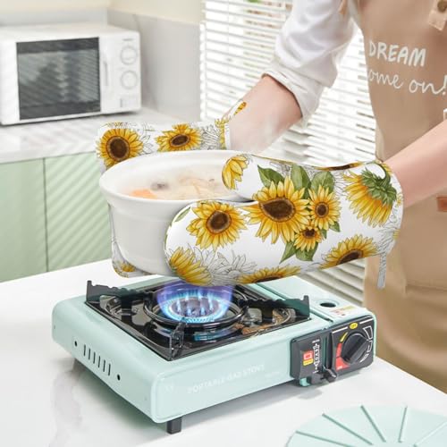 Yellow Sunflower Oven Mitts Pot Holders Set Silicone Heat Resistant Sunflowers Oven Mitts and Hot Pads Yellow Flowers Potholders Non
