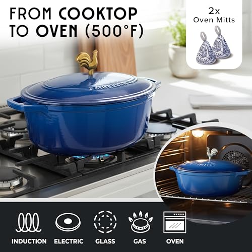 MUELLER HOME 5.5 Quart Enameled Cast Iron Oval Dutch Oven w Rooster Knob & Cotton Potholders