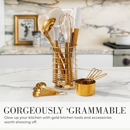 White and Gold Kitchen Utensils Set with Holder (15 Count)