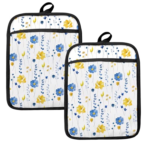 Blue and Yellow Floral Oven Mitts Set