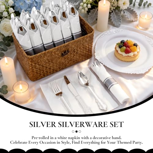400PCS Pre Rolled Silver Plastic Silverware Sets Fancy for Wedding (400 Count)