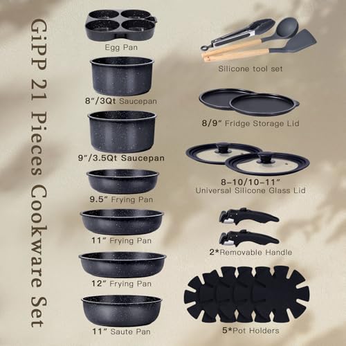 Pots and Pans Set Detachable Handle Cookware Sets Kitchen Cooking Set