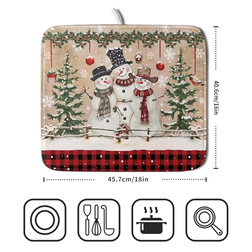 Winter Snowman Dish Drying Mat 16x18 Inch Red Buffalo Plaid Holiday Dish Drainer Mat Absorbent Dish Rack Pad for Kitchen Counter Sink Decor