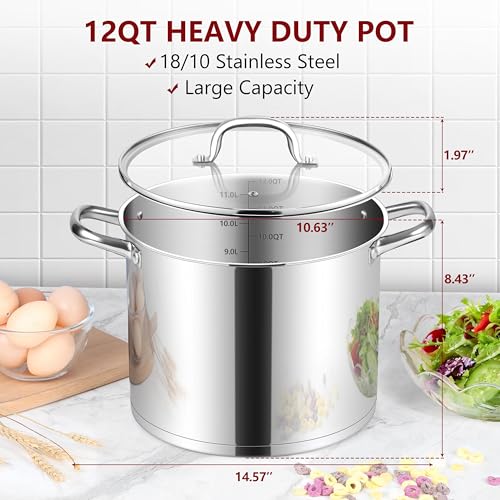 12-Quart 18/10 Stainless Steel Stock Pot with Lid, Large Heavy Duty Soup Pot Compatible with Electric, Gas, Induction and Various Cooktops, Dishwasher Safe
