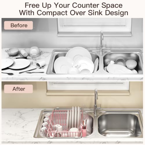 Pink Expandable Dish Drying Rack Over Sink with Anti