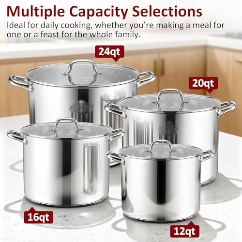24-Quart 18/10 Stainless Steel Stock Pot with Lid, Large Heavy Duty Soup Pot Compatible with Electric, Gas, Induction and Gas Cooktops, Non-Toxic & Corrosion Resistant, Dishwasher Safe