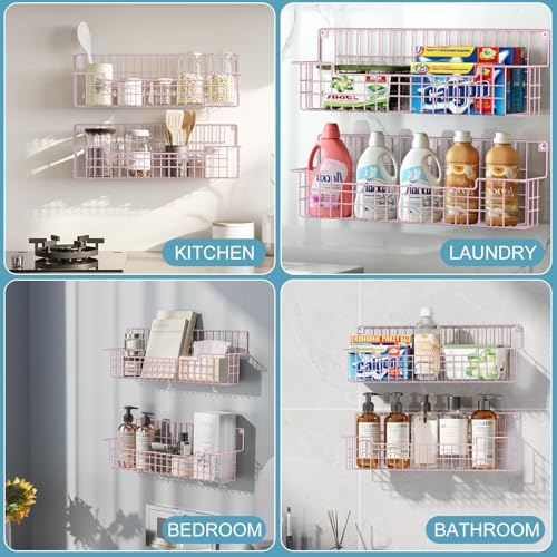 Spice Rack, 4-Pack Seasoning Organizer Wall Mounted for Kitchen Storage Organization, Metal Spice Holder Shelf for Cabinet, Pantry, Pink (4 Count)