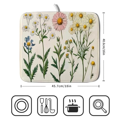 Vintage Wildflowers Dish Drying Pad Daisy Floral Microfiber Drainer Rack for Coffee Bar 16 X 18 Inch