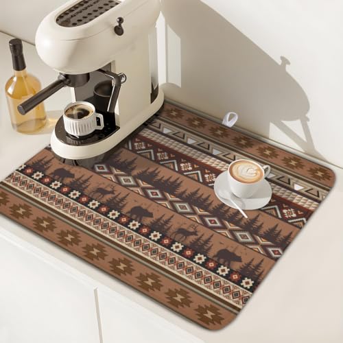 Rustic Bear Deer Dish Drying Mat Boho Ethnic Drainer Rack Pad 16x18 Inch Microfiber Absorbent Dish Sink Mat for Counter Kitchen Tableware