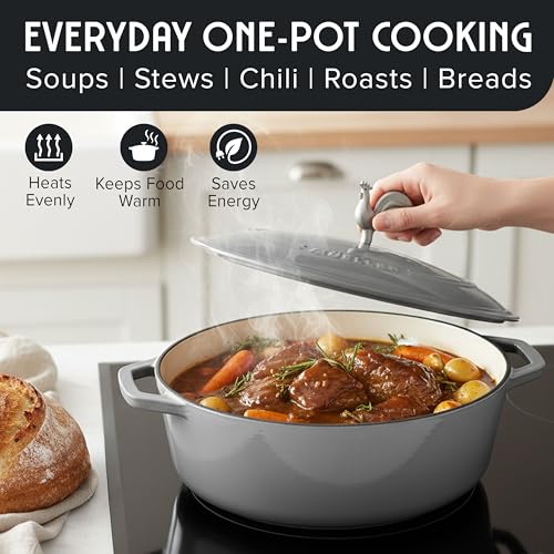 MUELLER HOME 5.5 Quart Enameled Cast Iron Oval Dutch Oven with Rooster Knob & Cotton Potholders