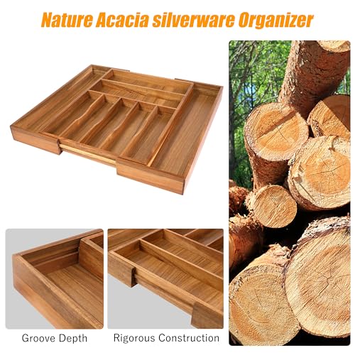 Large Premium Acacia Wood Silverware Organizer
