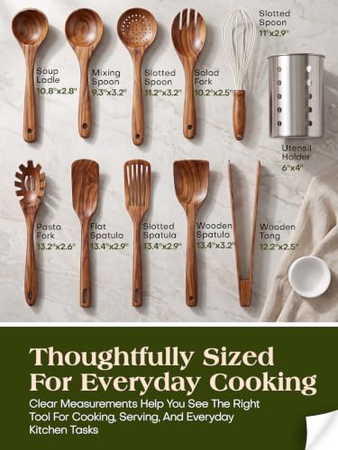 11 Piece Natural Teak Wood Kitchen Utensil Set with Holder (11 Count)