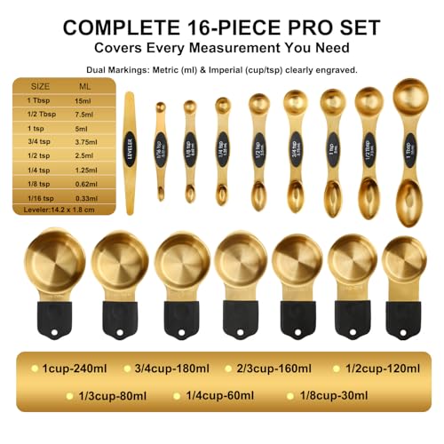 Gold Magnetic Measuring Cups & Spoons Set of 16
