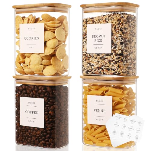 4 Pack Square Glass Pantry Storage Containers with 132 Kitchen Food Pantry Labels