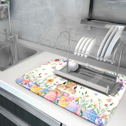 Easter Rabbit Dish Drying Mat Spring Flower Dish Drainer Rack Mats 18x24 inch Absorbent Microfiber Fast Dry Pad Kitchen Counter Accessories