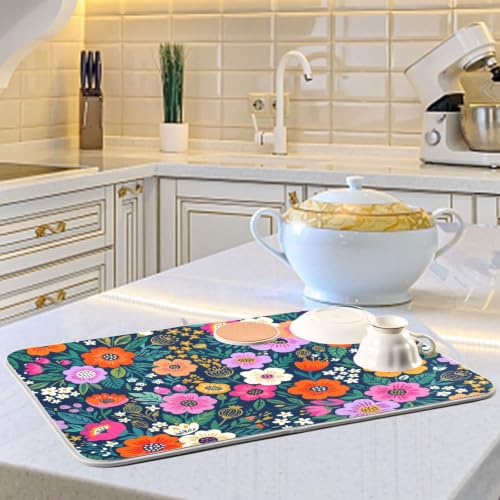 Flower Floral Dish Drying Mat for Kitchen Counter Absorbent Microfiber Drying Pad