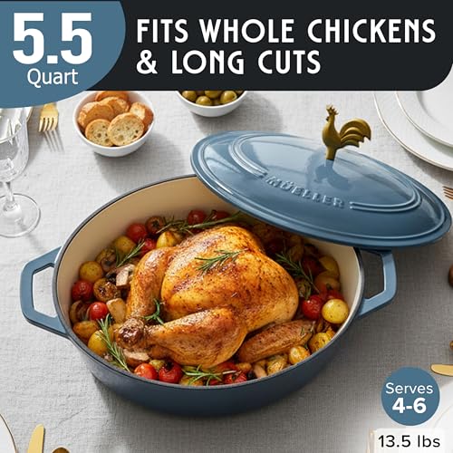 MUELLER HOME 5.5 Quart Enameled Cast Iron Oval Dutch Oven w Rooster Knob & Cotton Potholders