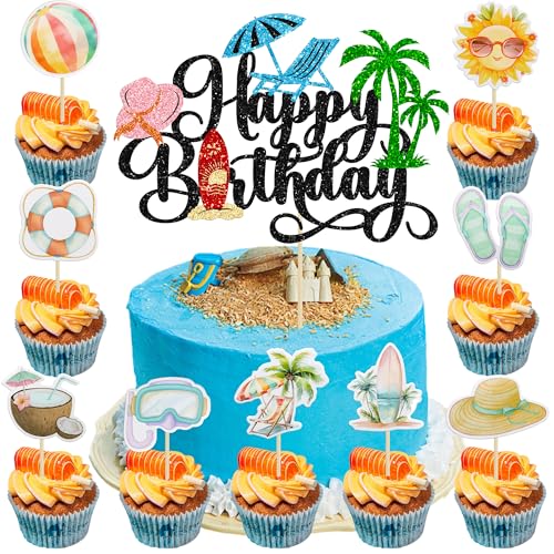 37Pcs Summer Beach Pool Cupcake Toppers Glitter Beach Happy Birthday Cake Topper Ball Sun Umbrella Water Gun Cupcake Picks for Tropical Hawaii Theme Birthday Party Decorations Supplies Black (37 Count)