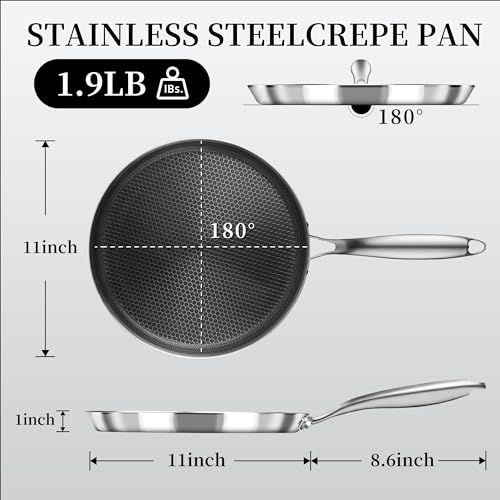 Nonstick Crepe Pan 11inch Stainless Steel Crepe Pan Honeycomb Coating Flat Skillet Tawa Dosa Tortilla Pan
