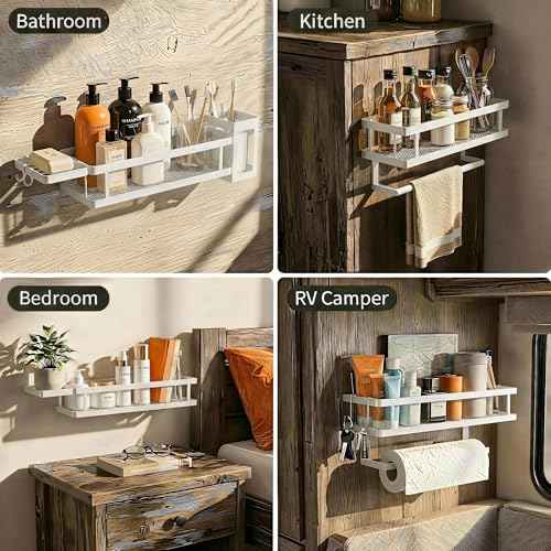 5-in-1 Shower Caddy & Kitchen Organizer Set, Wall Mount Wide Spice Rack with Paper Towel Holder, Utensil Holder, Soap Dish, Rustproof Mesh Baskets Hold 50LBS - Silver Gray, Guardrail