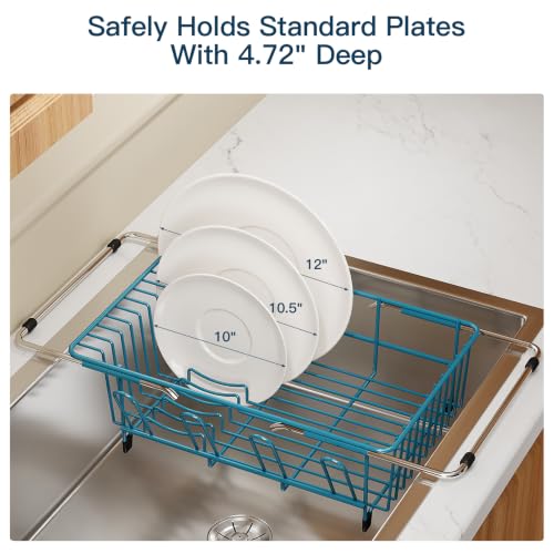 Blue Expandable Dish Drying Rack Over Sink with Anti