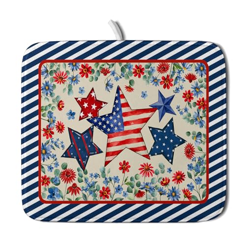 Patriotic Stars Dish Drying Mat for Kitchen Counter 4th of July Holiday Absorbent Reversible Microfiber Dish Pad Small