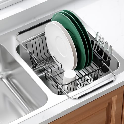 Black Dish Drying Rack in Sink with Utensil Holder
