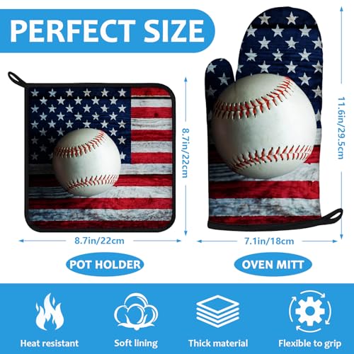 American Flag Baseball Oven Mitts and Pot Holders Sets Heat Resistant 4Pcs Potholders Oven Gloves Hot Pads for Kitchen Baking Cooking Grilling BBQ (4 Count)