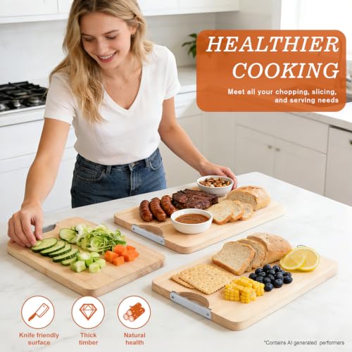 Wooden Cutting Board Set of 3 with Holder Maple Chopping Boards for Kitchen