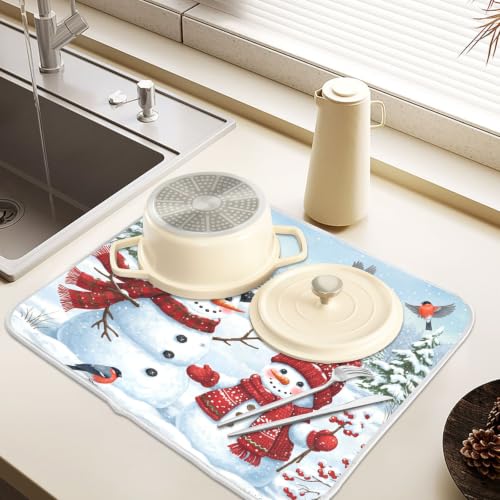 Winter Christmas Snowman Dish Drying Mat for Kitchen Counter Absorbent Microfiber Large Drying Pad Dish Mats Snowflakes for Kitchen Countertops 18 x 24 Inch