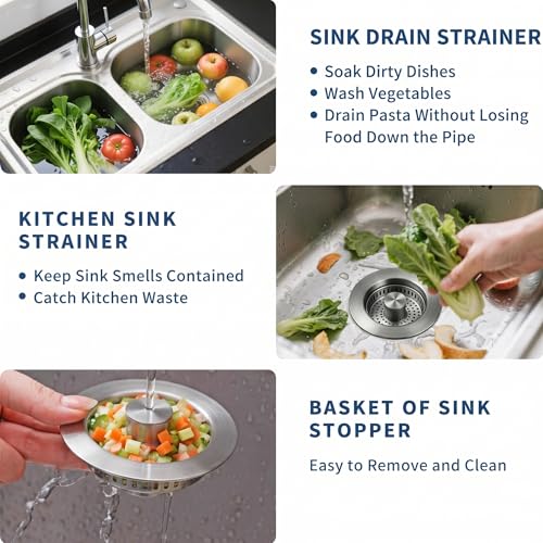 3-in-1 Kitchen Sink Drain Strainer and All-Purpose Scrub Sponges, Sink Stopper Pop-Up Drain Plug with Anti-Clogging Food Catcher Basket, Fits US Standard 3-1/2 Inch Sinks,Sponge Cleaning Dish