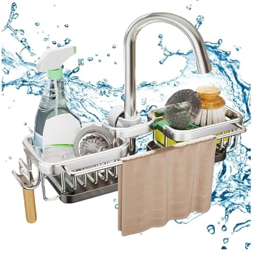 Kitchen Sink Faucet Organizer Multifunction Sponge Holder Organizer Sink Drain Holder Over Faucet Kitchen Sink Caddy with Hook Adjustable for 0.7