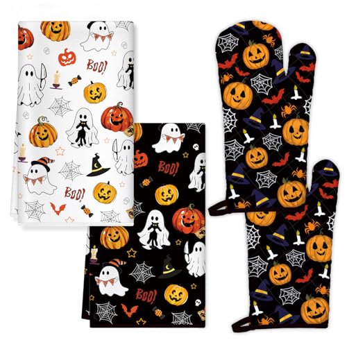 Halloween Pumpkin Kitchen Towels and Oven Mitts Set (4 Count)