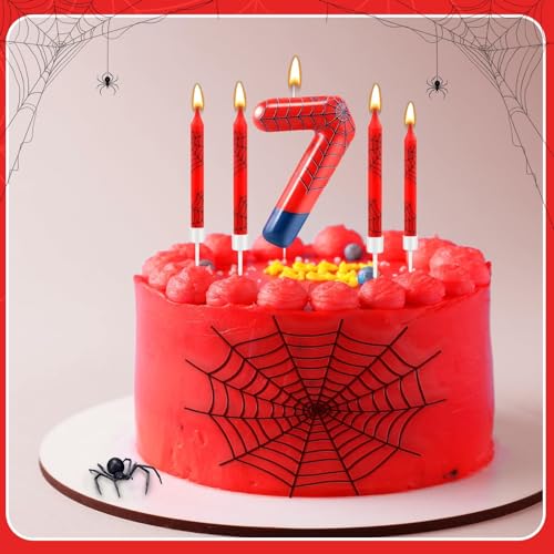 13 Pcs Spider Themed Birthday Candle Set Red Spider Theme Number 7 Candle Cake Topper for Boys Girls Birthday Decoration Spider Party Decoration Supplies (13 Count)