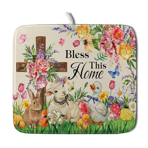 Easter Farmhouse Dish Drying Mat Funny Animal Dish Pad for Kitchen Counter Small 16 X 18