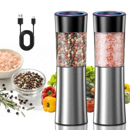 Rechargeable Gravity Electric Salt and Pepper Grinder Set Automatic Stainless Steels Salt and Pepper Mills with LED Light (2 Count)