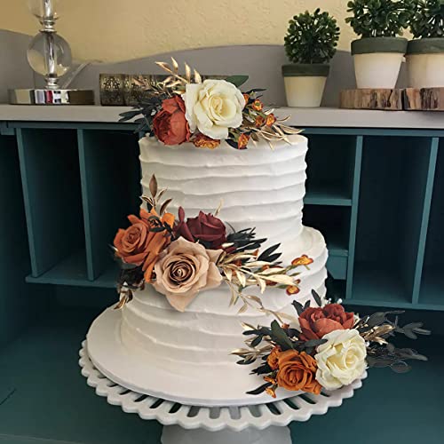 3Pcs Pre made Cake Topper Cake Decorating Flowers for Cake Decor Boho Burnt Orange Fall Cake Flowers for Wedding Baptism Birthday Party Bridal Baby Shower (3 Count)