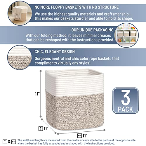 Storage Cubes 11 Inch Cotton Rope Woven Baskets for Organizing (3 Count)