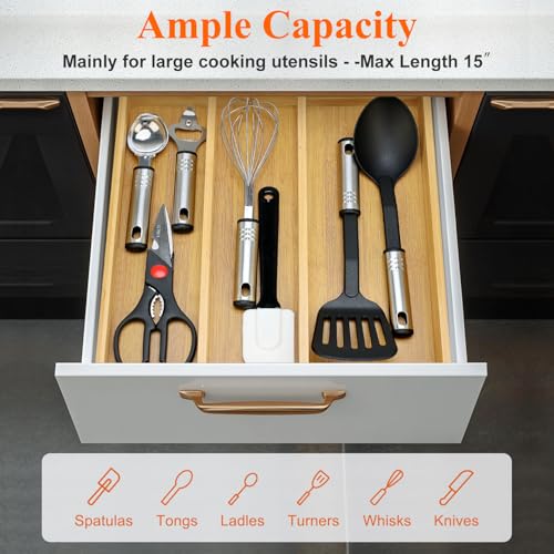 Large Bamboo Kitchen Utensil Drawer Organizer Expandable Silverware Tray
