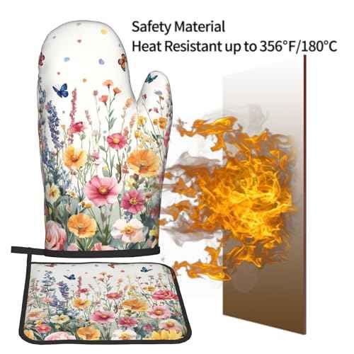 Spring Flower Oven Mitts and Pot Holder Kitchen Accessories Sets Botanical Floral Heat Resistant BBQ Cooking Oven Gloves Washable Hot Pads