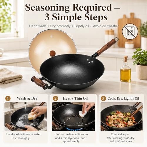 12.6 Inch Round Bottom Cast Iron Wok with Glass Lid