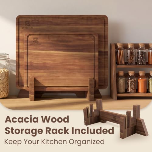 Large Acacia Wood Cutting Board Set for Kitchen with Storage Stand (7 Count)