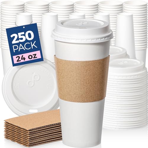 250 Pack 24 oz Disposable Coffee Cups with Lids (250 Count)